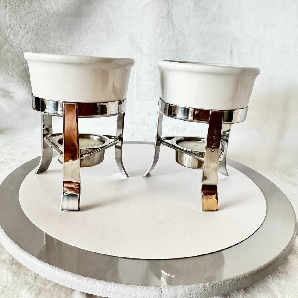 Chantal Butter Fondue Warmer Set 2 White 3 oz Ceramic Dish Tealight candle Stain